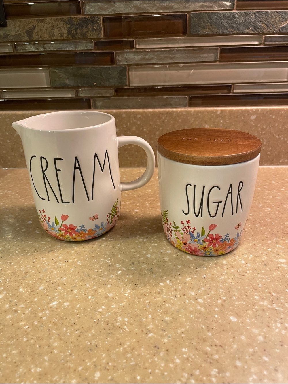 Rae Dunn Spring Wildflowers Cream & Sugar w/Wooden Lid Set